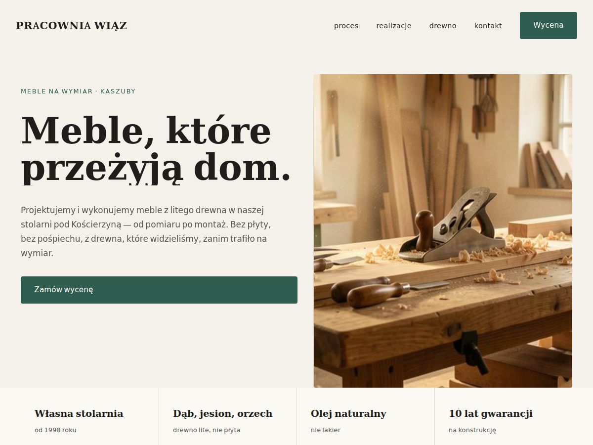Szablon strony: Pracownia mebli — scena procesu — WebSimply