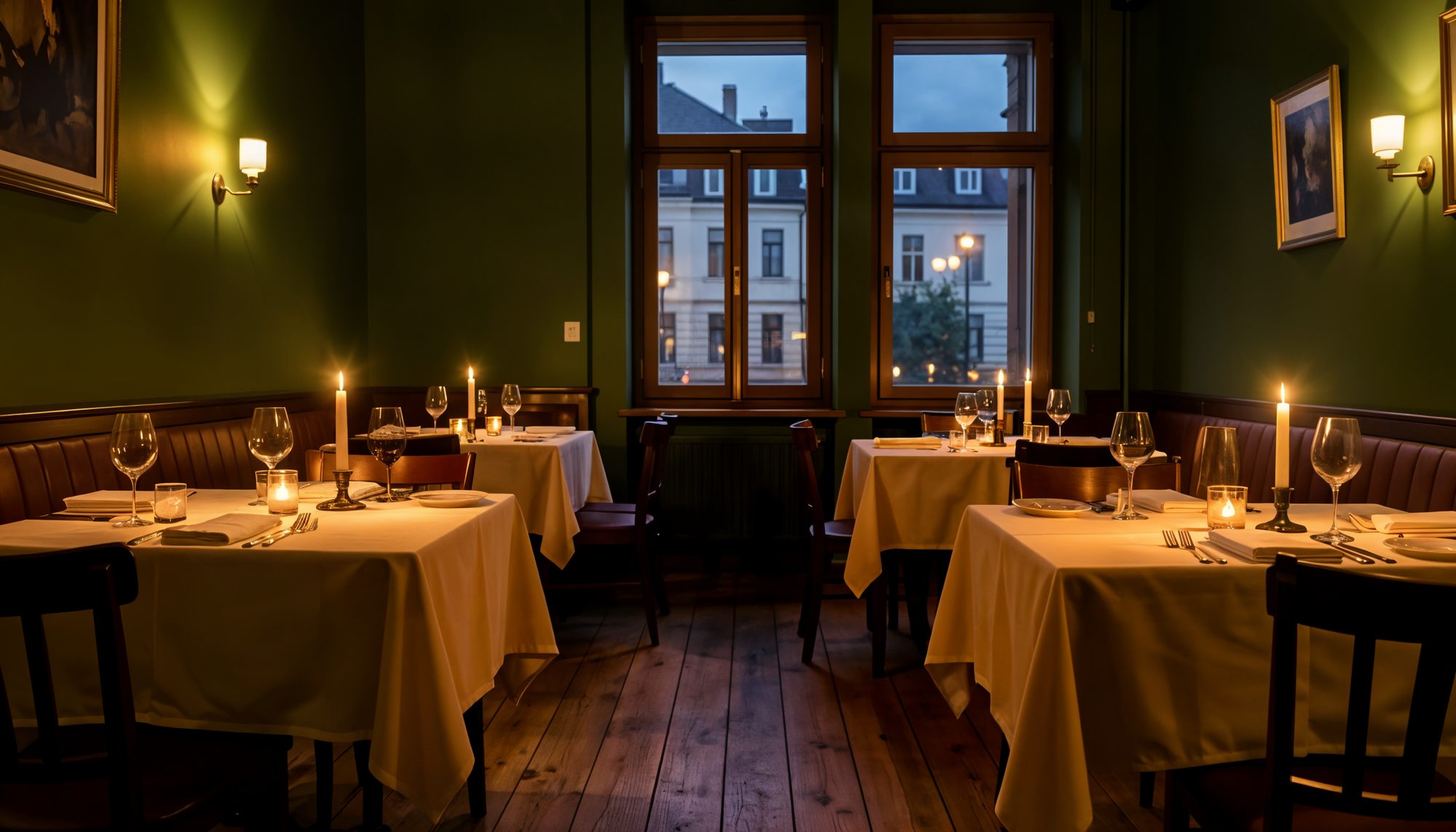 Sala bistro Wiśnia wieczorem, nakryte stoły przy ciepłym świetle świec